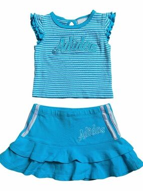 Adidas blue & white striped baby girl set with ruffle skirt and top 3 months